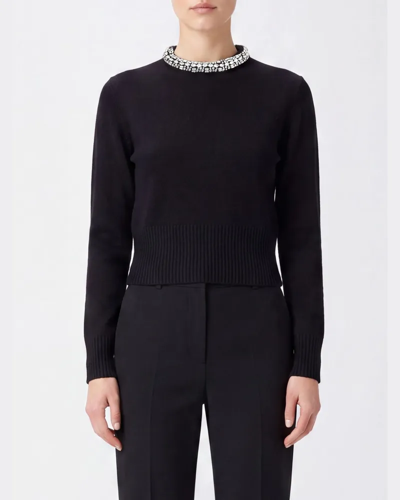 Pinko Barlino Slim Fit Pullover aus Wollmischung mit Stickerei und Strass Schwarz