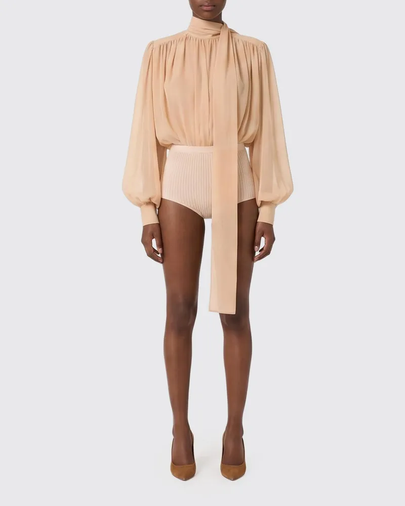 Elisabetta Franchi Seidengeorgette-Bluse mit Ballonärmeln Nude
