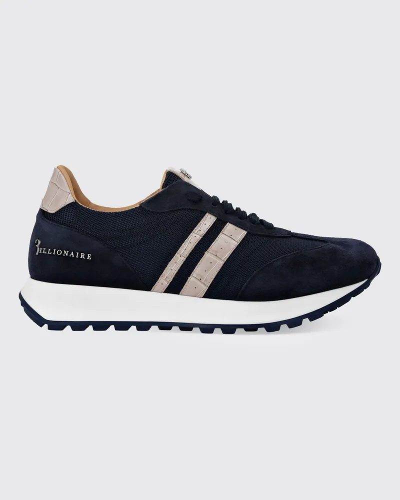 Billionaire Zweifarbige Low-Top-Sneaker aus Mesh und Wildleder mit Metallic-Logo Blau