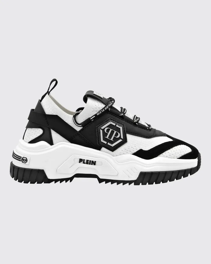 Philipp Plein Niedrige Sneakers aus Strick mit zweifarbigem Monogramm und gezackter Sohle Weiß