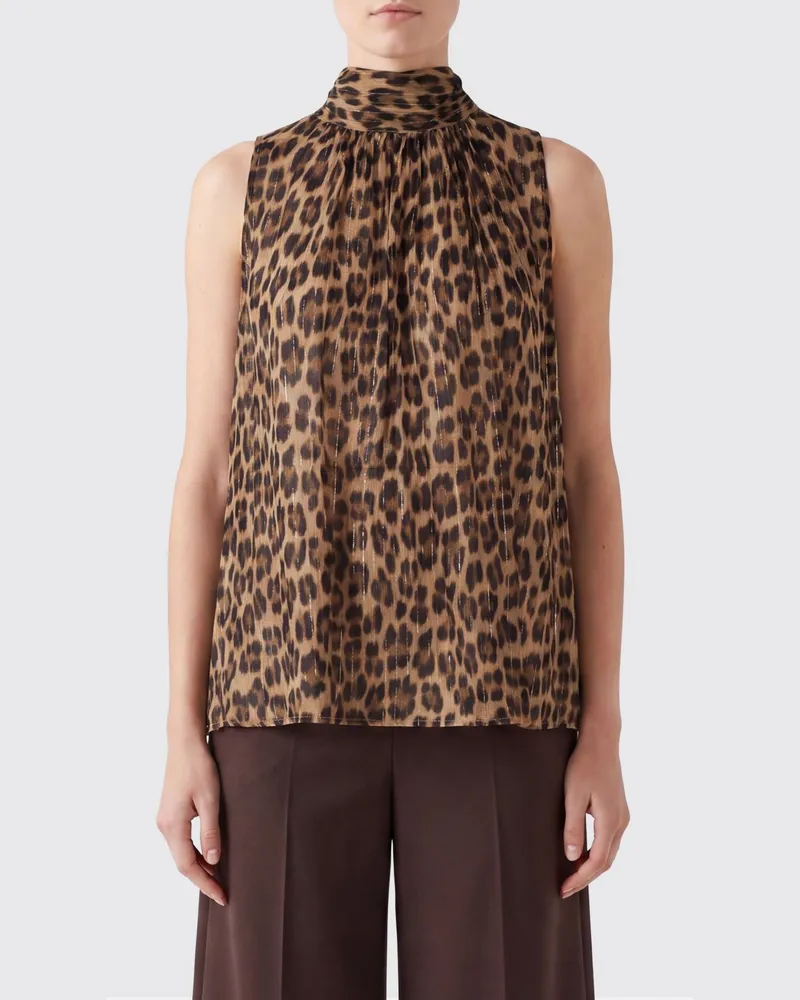 Semicouture Ärmellose Bluse von aus Seidenmischung mit Animal-Print und Schalkragen Braun