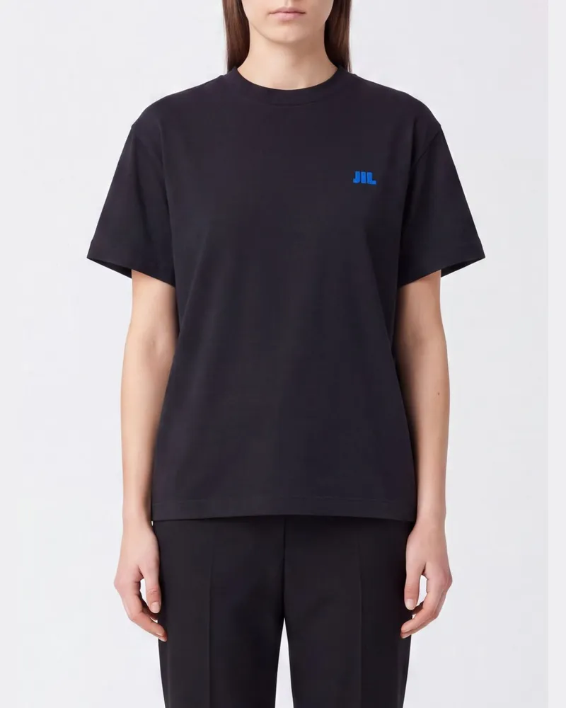 Jil Sander T-Shirt aus Baumwolle mit kontrastierendem gesticktem Frontlogo Blau