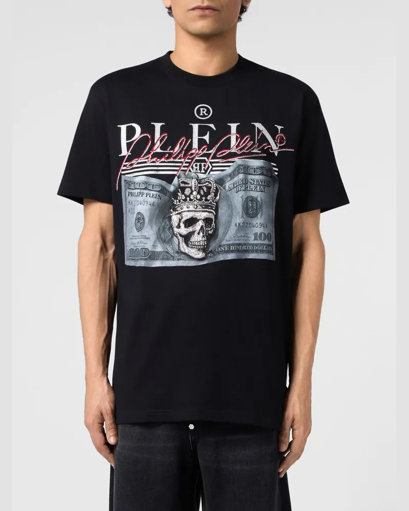 Philipp Plein Baumwoll-T-Shirt mit strassverziertem Totenkopf-Print Schwarz