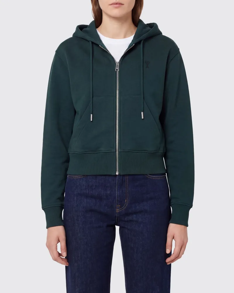 AMI Paris Kapuzen-Sweatshirt mit Reißverschluss aus Baumwolle mit gesticktem Logo Grün