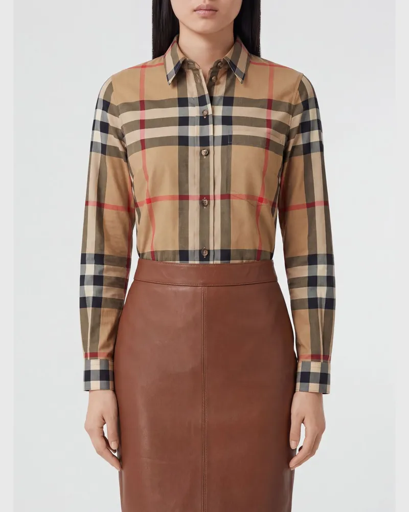 Burberry Langärmeliges Baumwollhemd von mit ikonischem Karomuster Beige