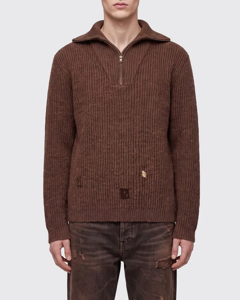 Maison Margiela Pullover mit hohem Kragen aus Leinen und Wolle mit Reißverschluss und Distressed-Effekt Braun