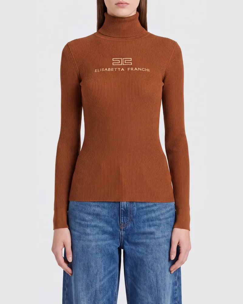 Elisabetta Franchi Schmal geschnittener Wollrollkragenpullover mit Kontrastlogo Tabak