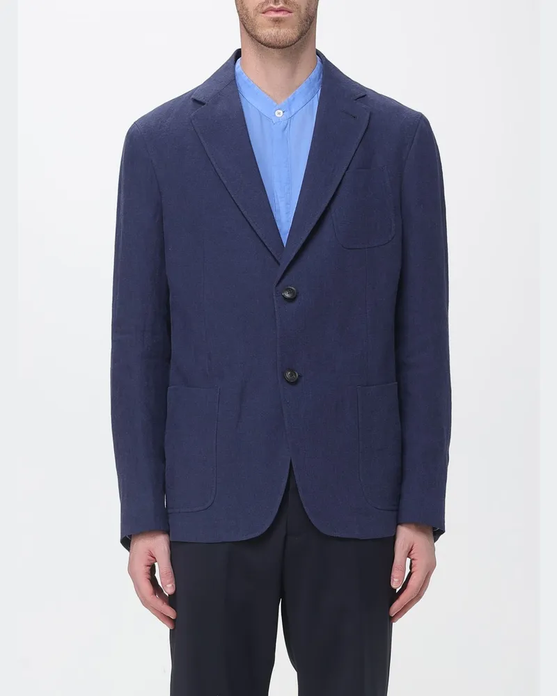 Emporio Armani Einreihiger Blazer aus reinem Leinen mit fallendem Revers und aufgesetzten Taschen Navy