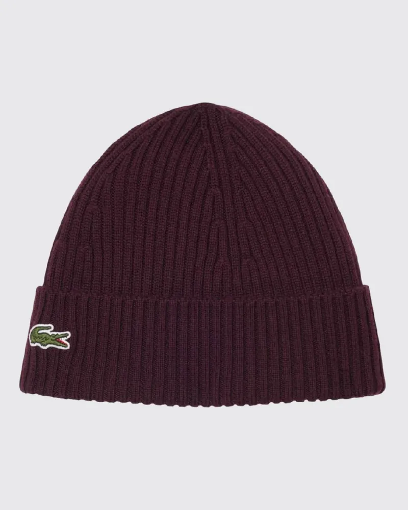 Lacoste Gerippte Beanie-Mütze aus reiner Wolle mit Umschlag und gesticktem Logo Burgunderrot