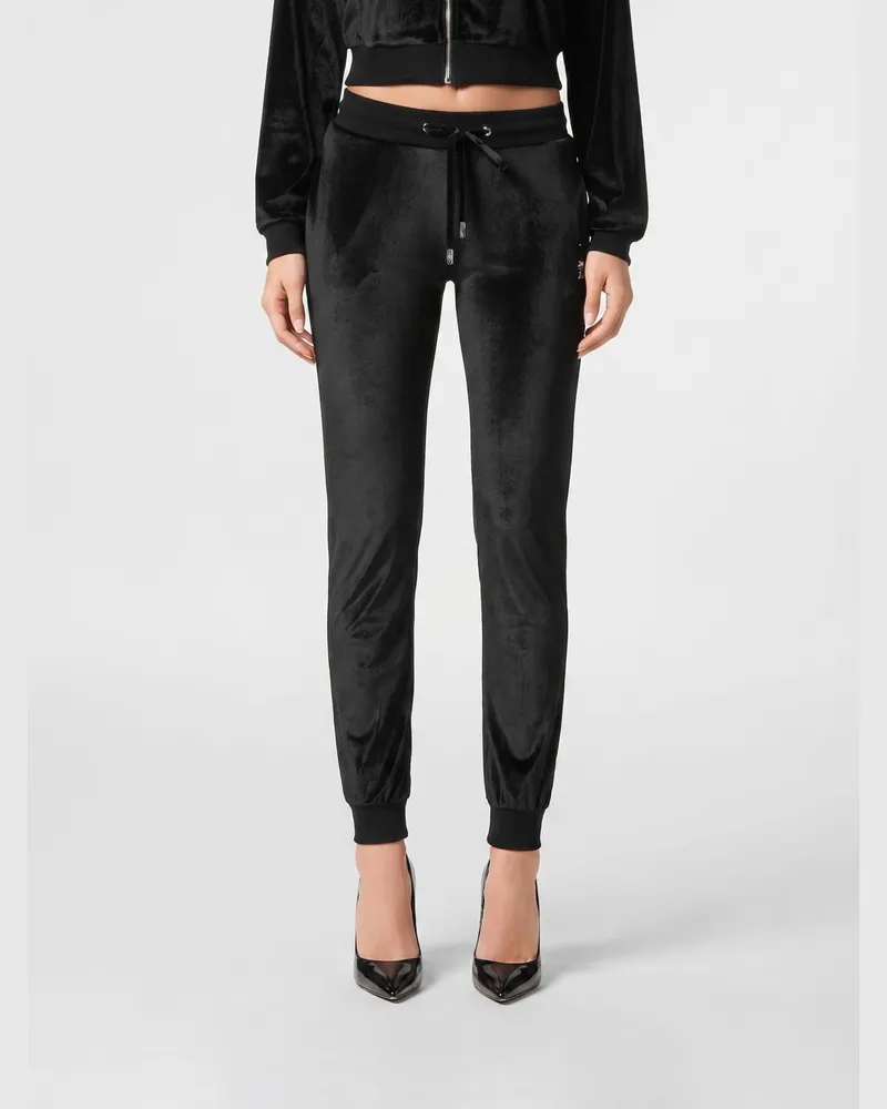 Philipp Plein Slim-Fit Jogginghose aus Chenille-Samt mit Kordelzugbund Schwarz