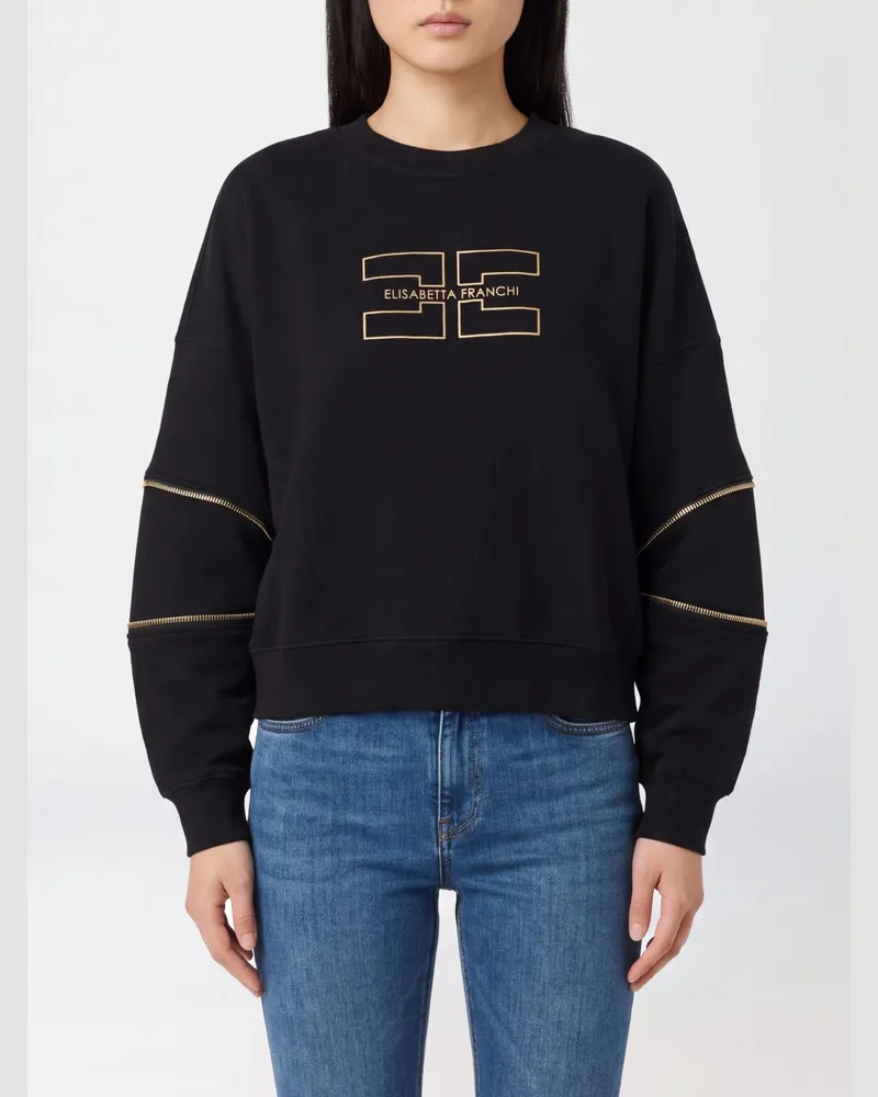 Elisabetta Franchi Baumwoll-Sweatshirt mit Rundhalsausschnitt und kontrastierendem gesticktem Logo Schwarz
