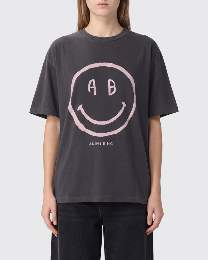 Anine Bing T-Shirt aus Baumwolle mit Grafik-Print und Kontrast-Logo Grau