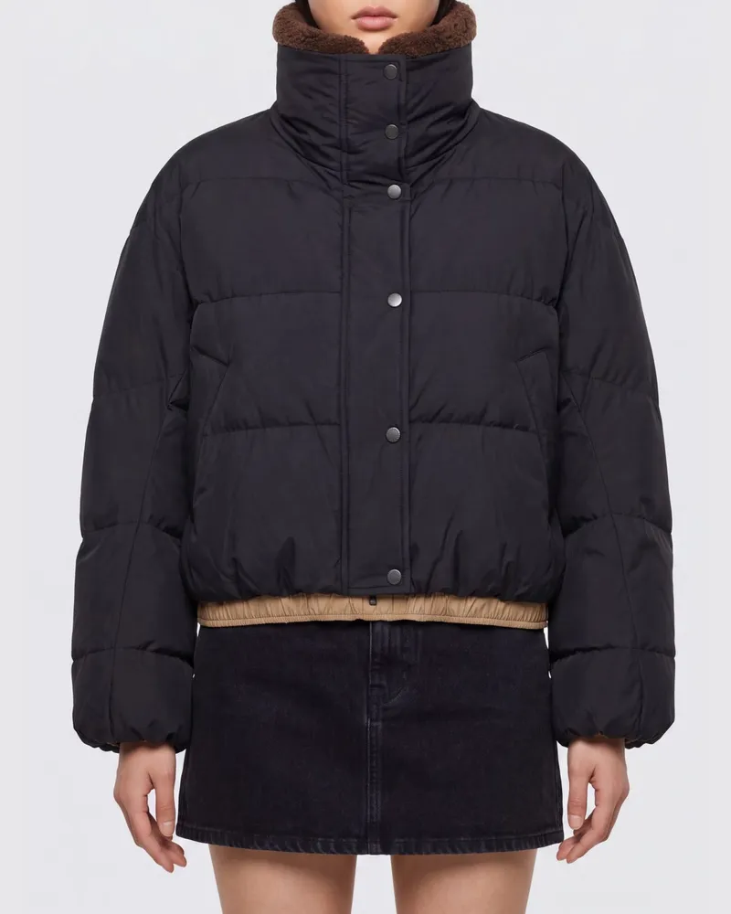 Brunello Cucinelli Kurze gesteppte Daunenjacke von aus Baumwolle mit Pelzkragen Schwarz