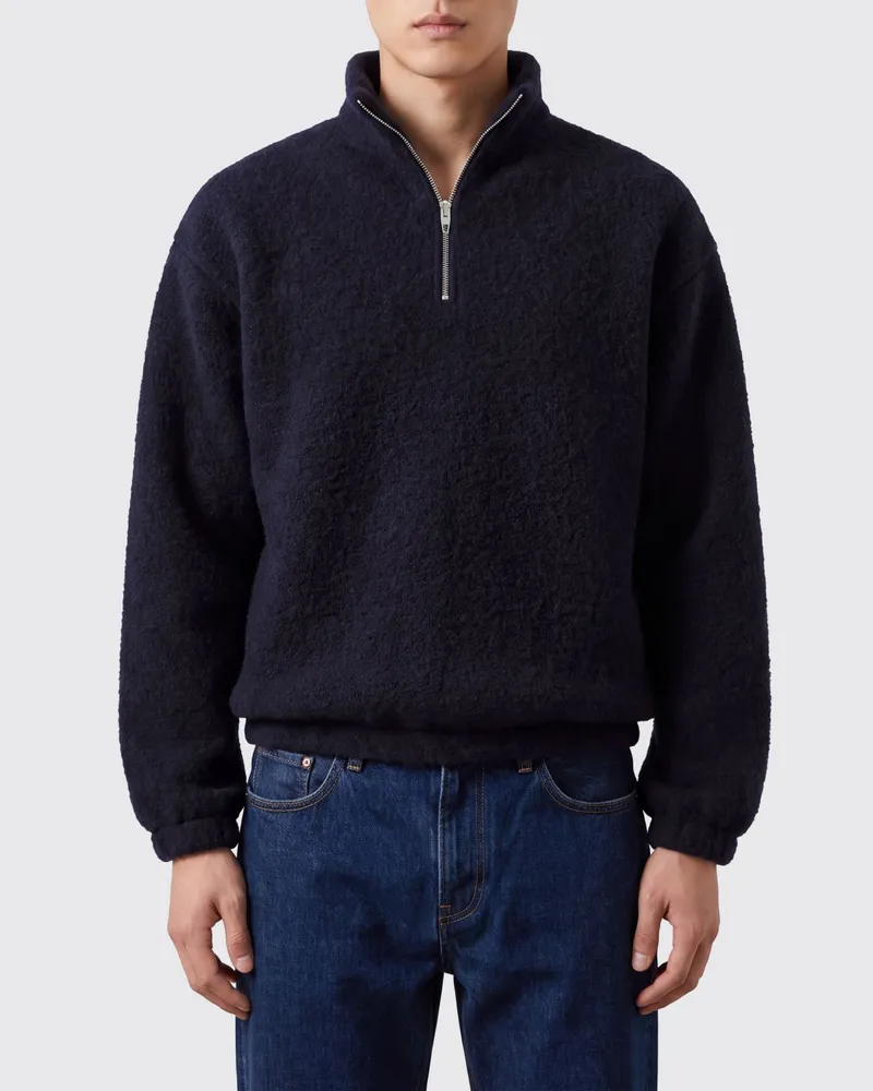 Jil Sander Wollmischpullover mit hohem Kragen und halbem Reißverschluss Blau