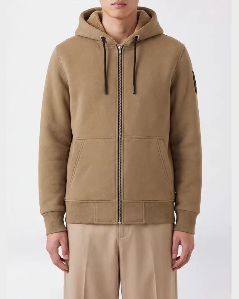 Moose Knuckles Kapuzen-Sweatjacke aus Baumwollmischung mit Kängurutasche Beige