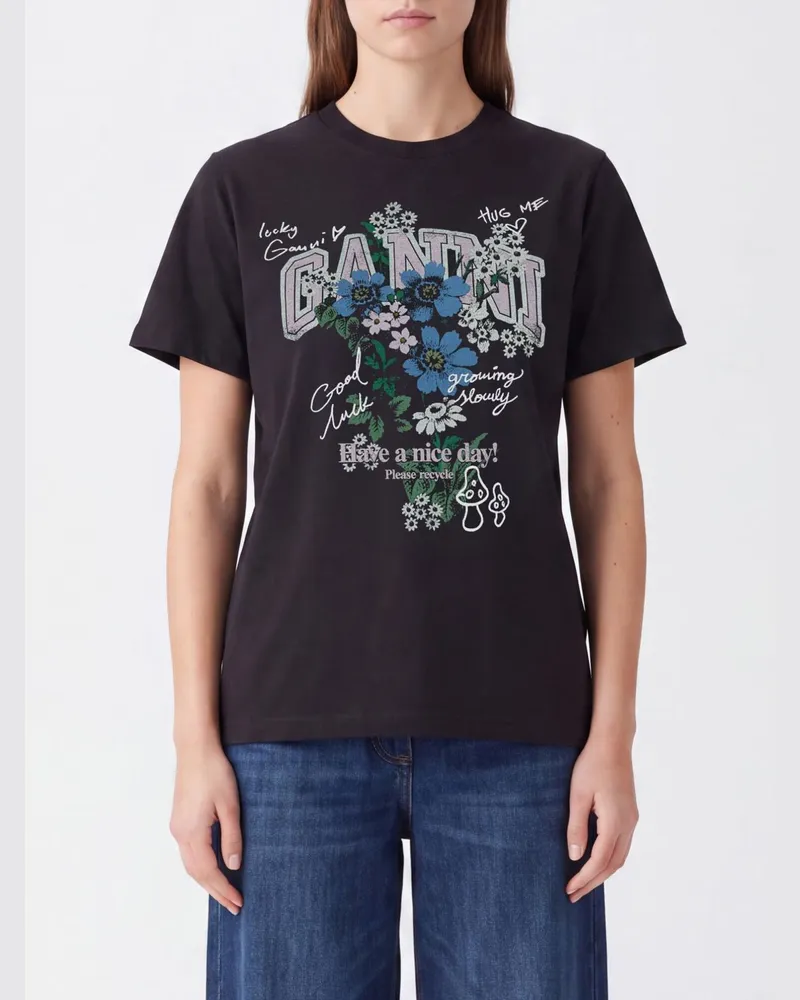 Ganni T-Shirt aus Bio-Baumwolle mit Blumen- und Graffiti-Logo-Print Schwarz
