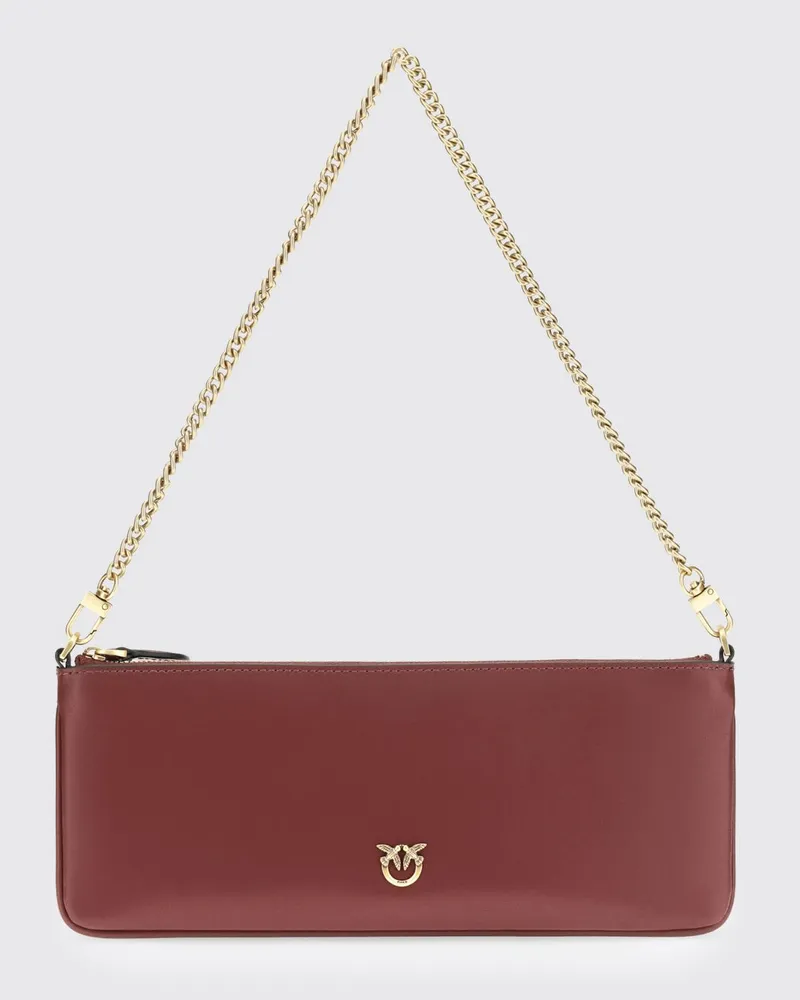 Pinko Horizontal Flat Schultertasche aus Leder mit Love-Birds-Logo Burgunderrot