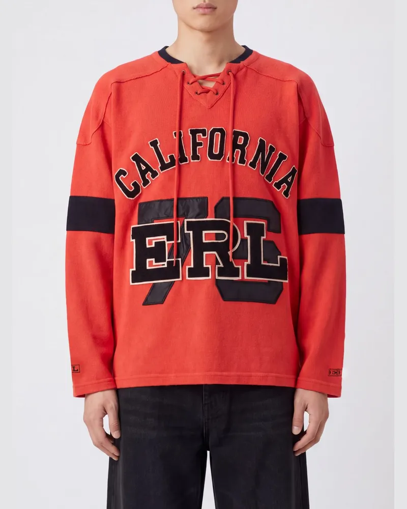 ERL Hockey Relaxed-Fit-Sweatshirt aus Baumwolle mit V-Ausschnitt und Kontrast-Logo Rot