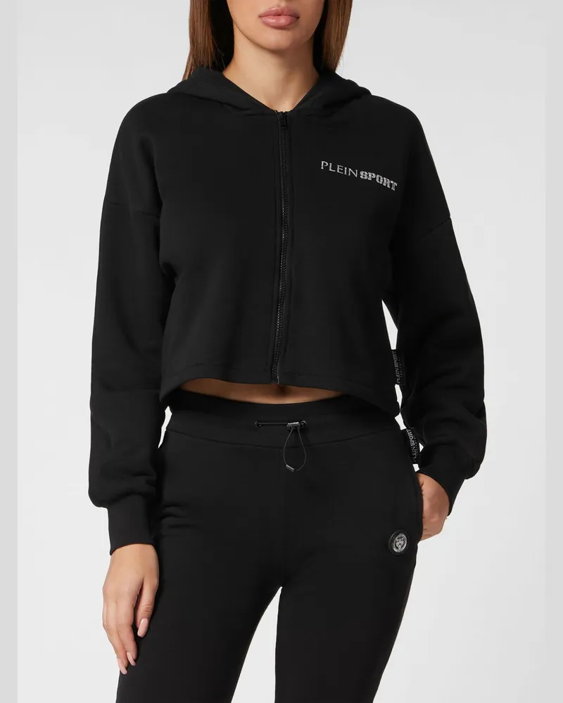 Philipp Plein Kapuzenjacke mit Reißverschluss aus Jersey mit Glitzer-Logo Schwarz