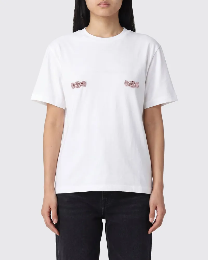 Des Phemmes Baumwoll-T-Shirt mit Kristall-Applikationen und überschnittenen Schultern Weiß