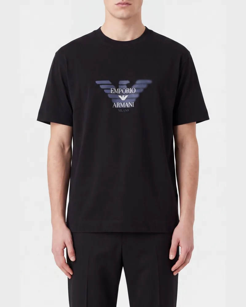 Emporio Armani T-Shirt aus Lyocell-Baumwoll-Mischung mit Adler-Logo Schwarz