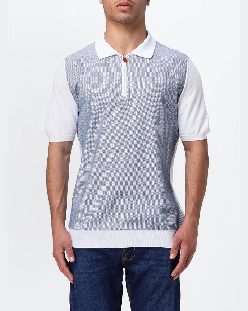 Kiton Zweifarbiges Baumwoll-Poloshirt mit abstraktem Muster und Reißverschluss Weiß