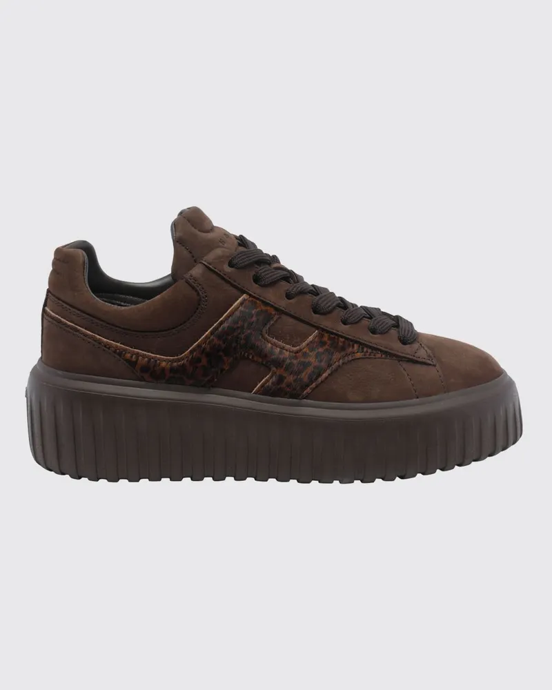 Hogan H-Stripes Plateau-Sneaker aus Leder und Ponyfell mit Animal-Print Braun