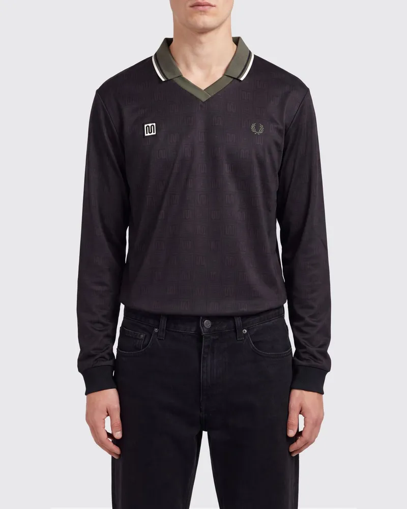 Fred Perry Langärmeliges V-Ausschnitt-Polo aus Baumwollmischung mit gesticktem Logo Schwarz