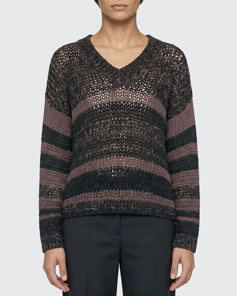 Roberto Collina Gestreifter V-Ausschnitt-Pullover aus Baumwolle Schwarz
