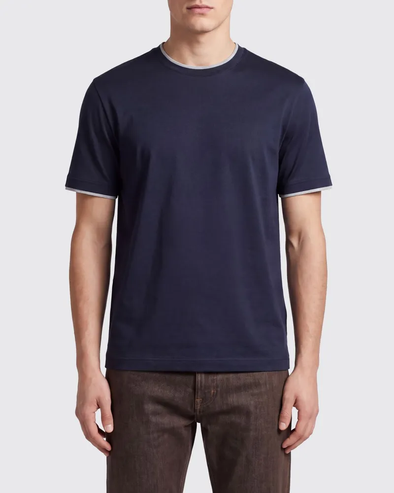 Eleventy Baumwoll-T-Shirt mit Rundhalsausschnitt und Kontrastbesätzen Grau