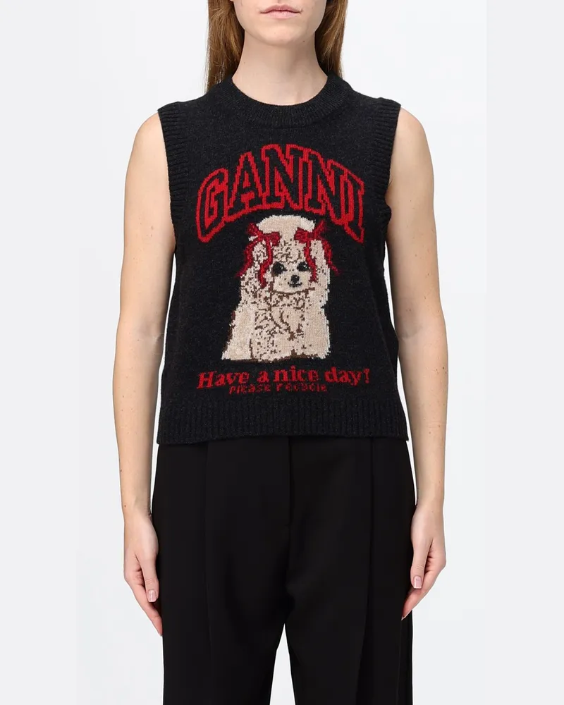 Ganni Ärmelloses Woll-Top mit grafischem Jacquard-Logo und Rundhalsausschnitt Schwarz