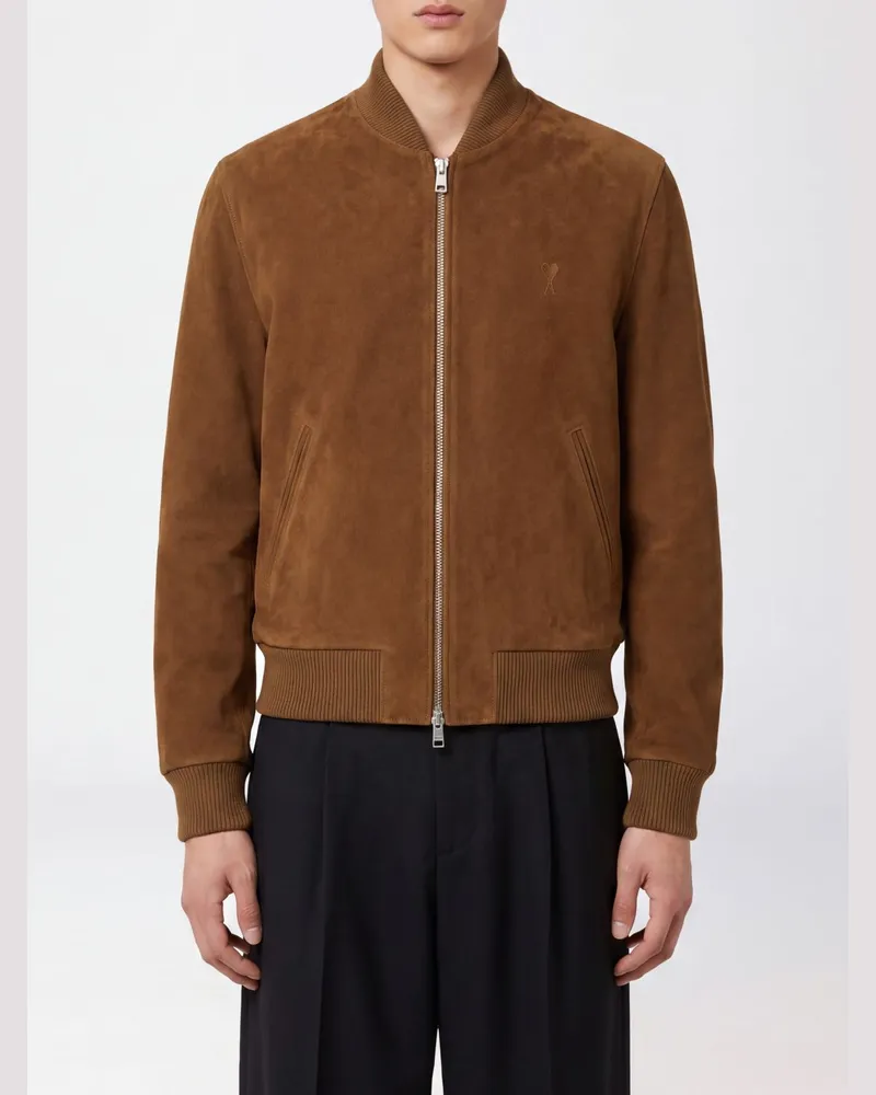 AMI Paris Bomberjacke im Relaxed Fit aus Veloursleder mit gesticktem Logo Braun
