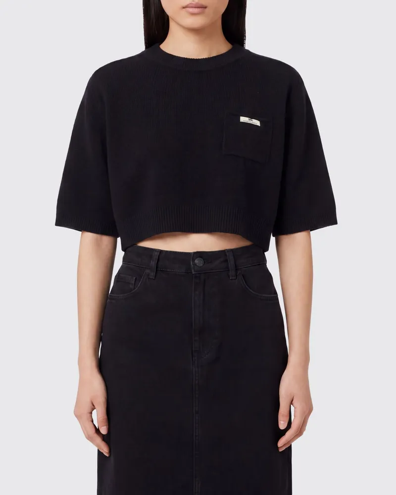 Elisabetta Franchi Cropped-Pullover von aus Wolle und Kaschmir mit Kontrastlogo Schwarz