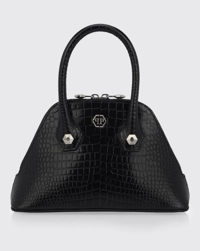 Philipp Plein Handtasche aus Kalbsleder mit Krokodil-Print und Hexagon-Logo Schwarz