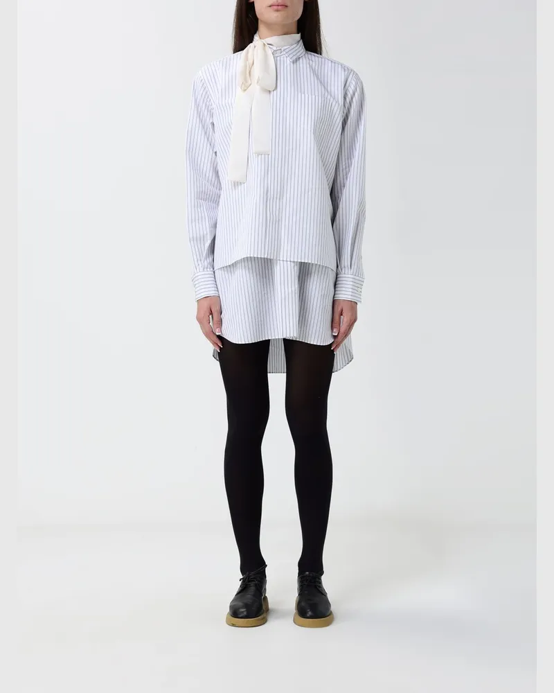 Sacai Gestreiftes asymmetrisches zweilagiges Mini-Hemdblusenkleid Weiß