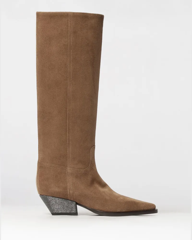 Brunello Cucinelli Kniehohe Westernstiefel aus braunem Veloursleder Braun