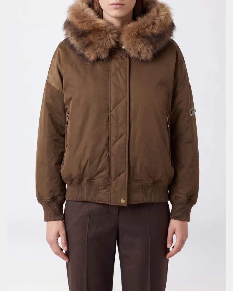 Michael Kors Bomberjacke aus Satin mit Kapuze und Pelzkragen Braun