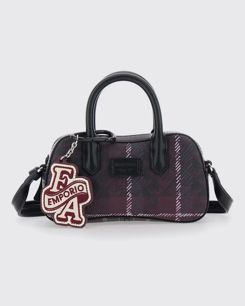 Emporio Armani Henkeltasche aus Tartan für Jungen mit Anhänger und abnehmbarem Riemen Braun