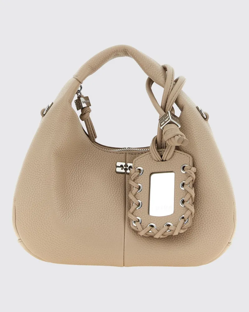 Ganni Mini Hobo-Tasche aus beigem recyceltem Leder mit Butterfly-Logo und Charm Beige