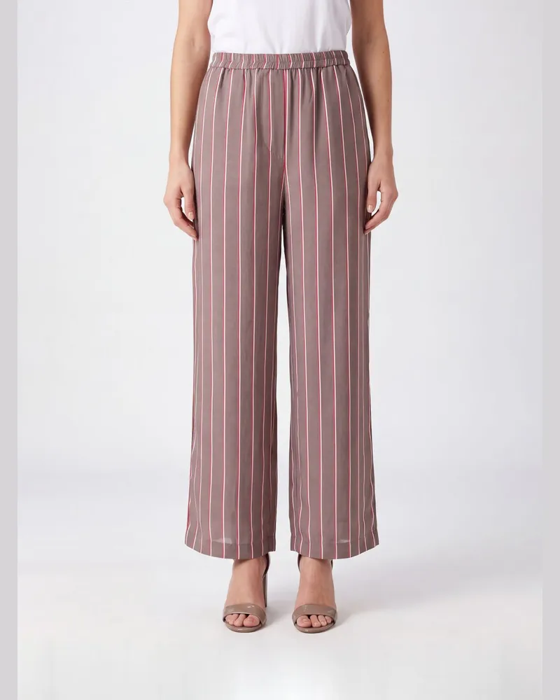 FRANKIE Shop Gestreifte Palazzo-Hose aus Seidenmischung mit hoher Taille Braun