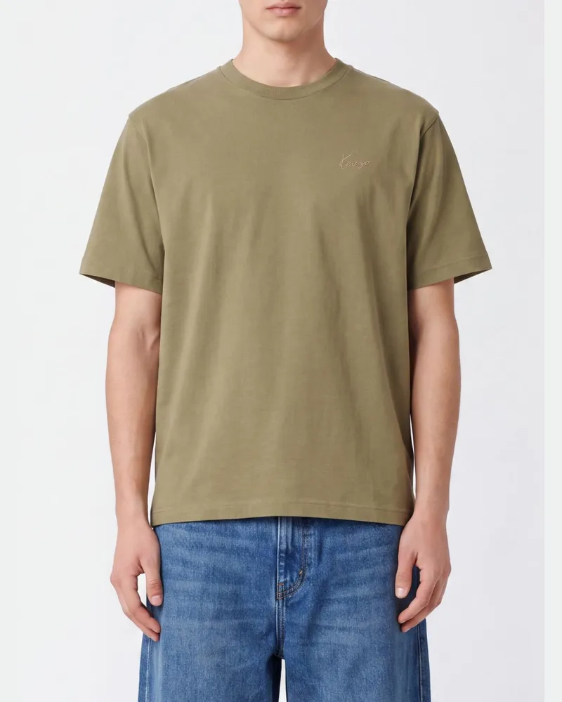 Kenzo Kurzarm-T-Shirt aus Baumwolle mit kontrastierend gesticktem Logo Kaki