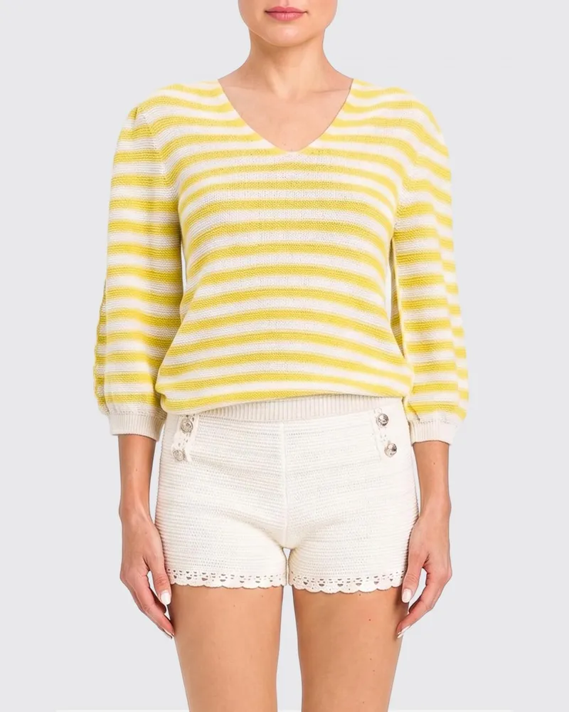 Twin-Set Gestreifter Pullover aus Baumwollmischung mit V-Ausschnitt und langen Ärmeln Limette