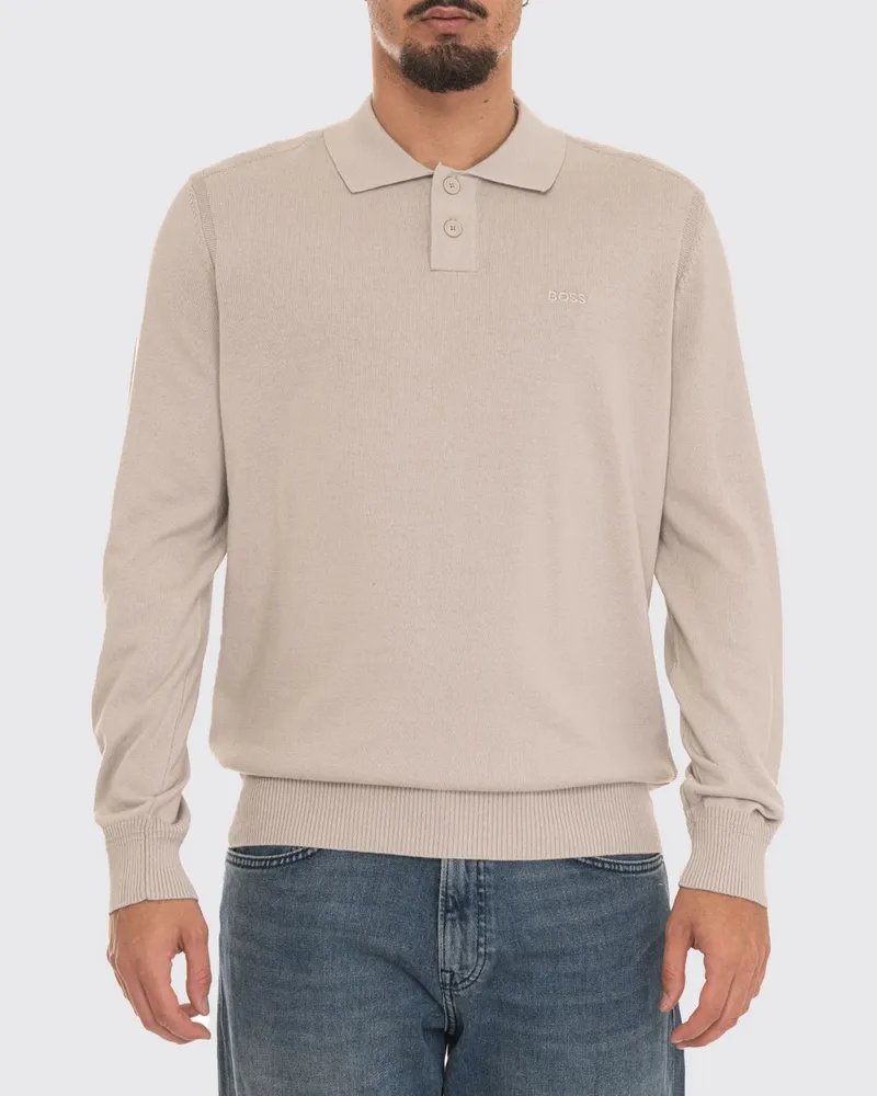 HUGO BOSS Langärmeliges Baumwoll-Poloshirt mit Ton-in-Ton-Logostickerei Grau