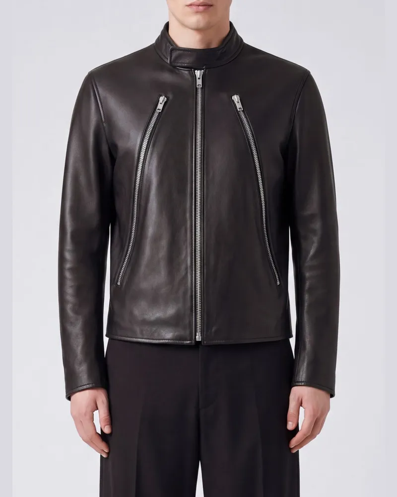 Maison Margiela Lammleder-Bikerjacke mit Four-Stitches-Logo Schwarz