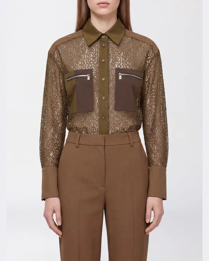 Pinko Langarm-Spitzenbluse mit klassischem Kragen und Reißverschlusstaschen Grün