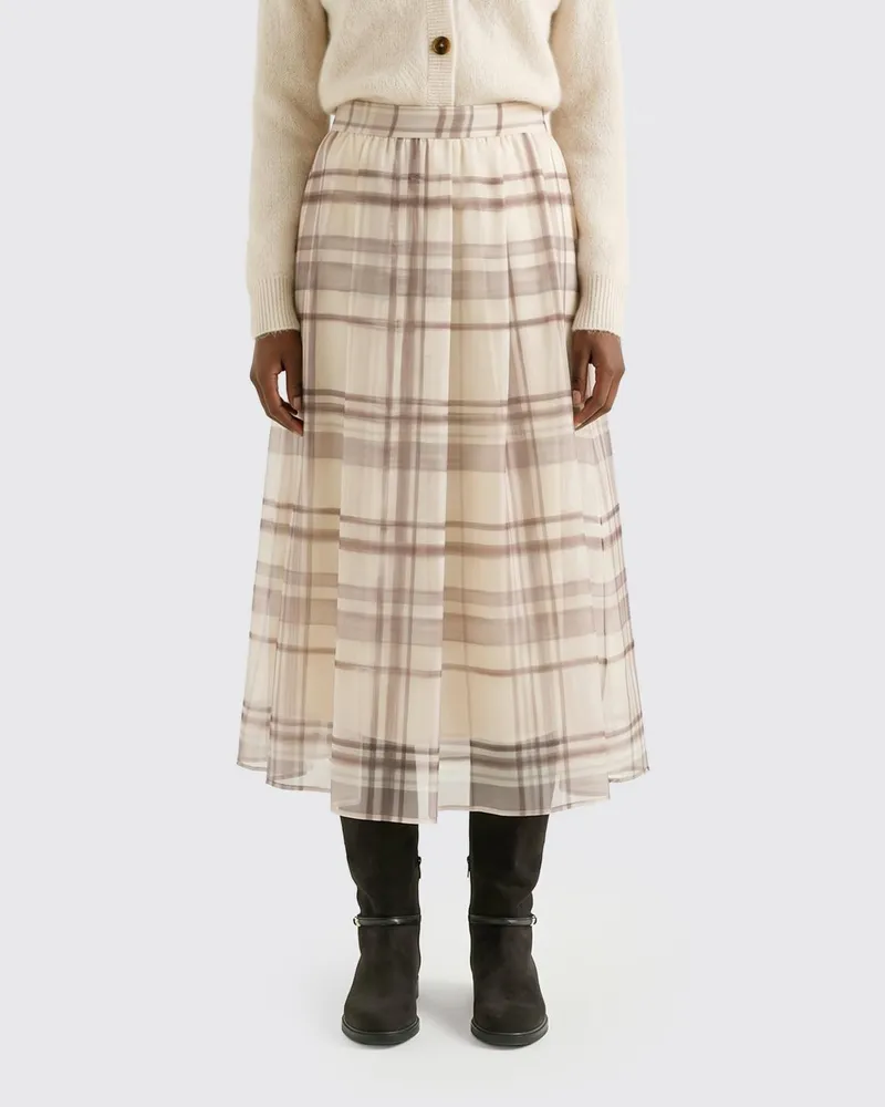Brunello Cucinelli A-Linien-Midirock aus Seidenorganza mit Karomuster Beige