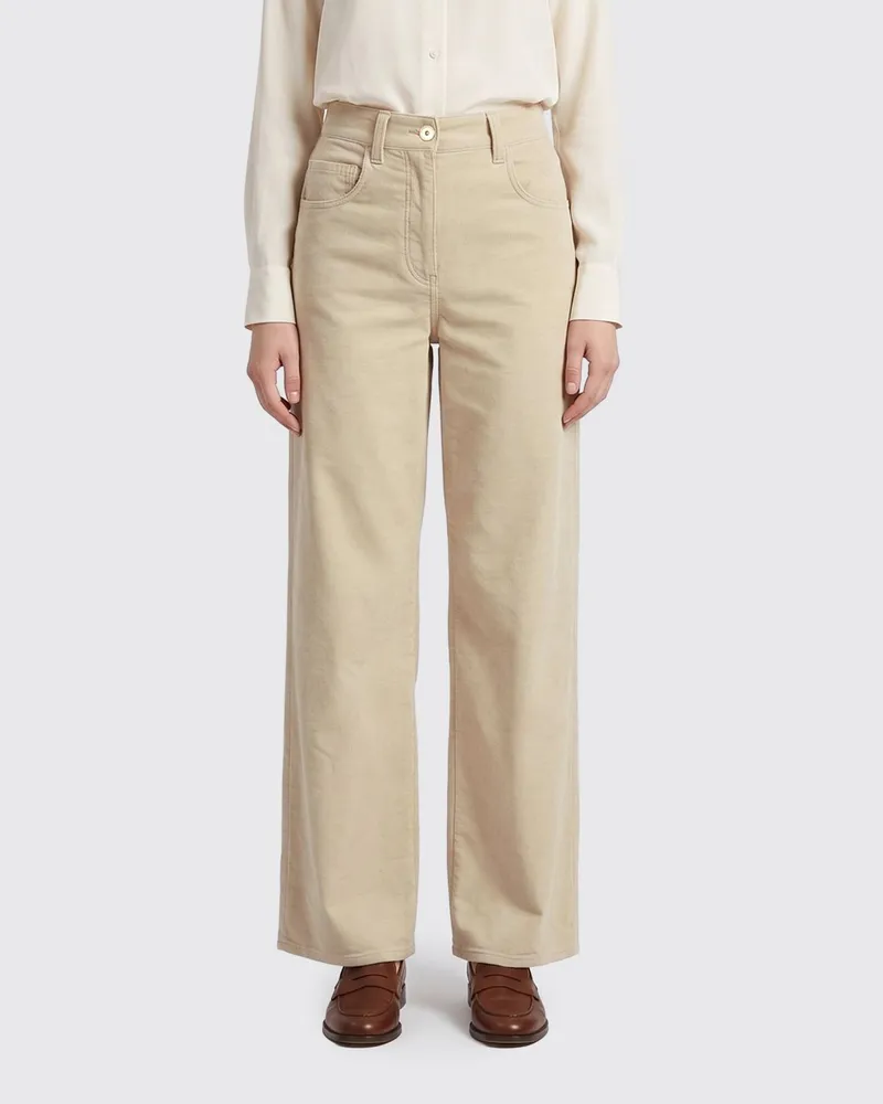 Brunello Cucinelli Hoch taillierte gerade Hose aus Cord mit Schmuckdetail Natural