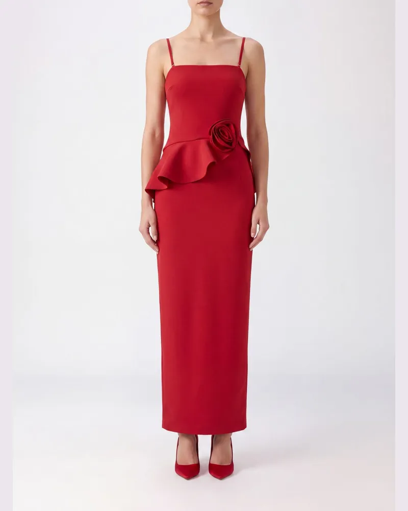 ROTATE Birger Christensen Langes Abendkleid aus Crêpe mit Rüschen und Rückenschlitz Rot