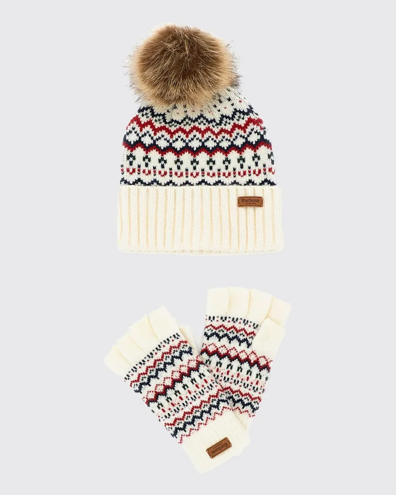 Barbour Set aus zwei Jacquard-Wollmisch-Beanies mit Bommel Weiß