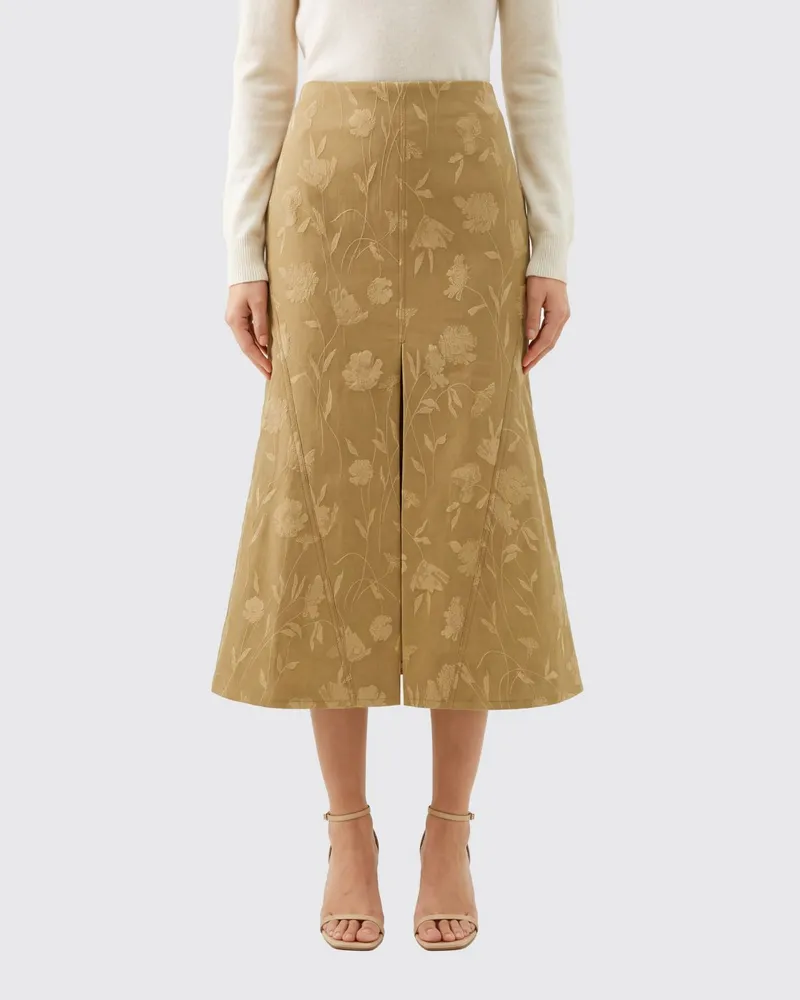 Erdem Schmaler Midirock aus geblümter Baumwolle mit hoher Taille und Rückenschlitz Beige
